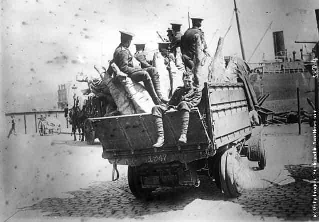 1915: A truckload of troops being transported from the port at Salonika in Greece during World War I