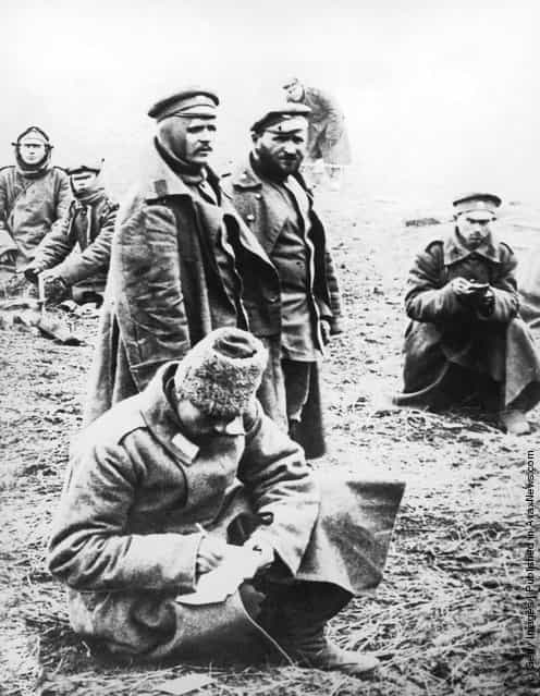 Russian soldiers write home while serving on the Eastern Front during World War I, circa 1915