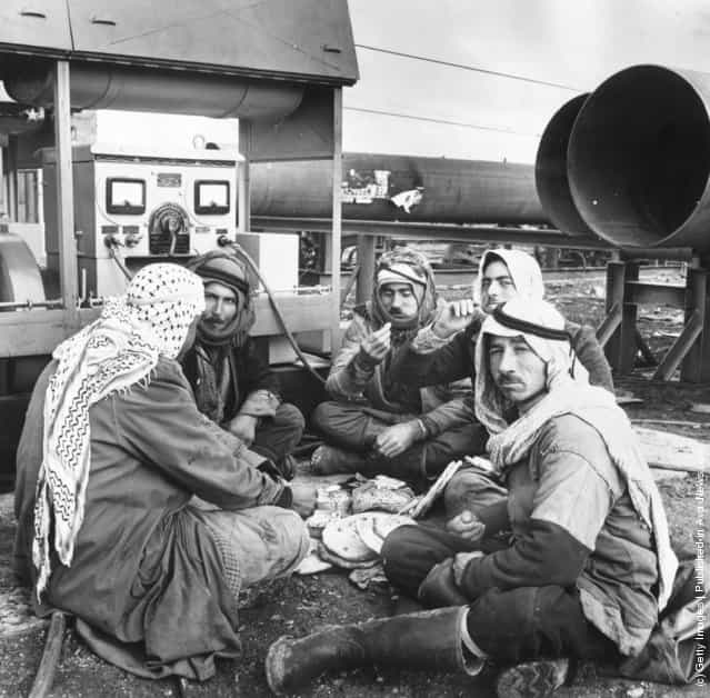1952: A group of Bedouin Arab men, who are working on the laying of a 560 mile long pipeline from Kirkuk in north Iraq to Bania on the Syrian coast for the Iraq Petroleum Company, having their lunch surrounded by sections of the pipe