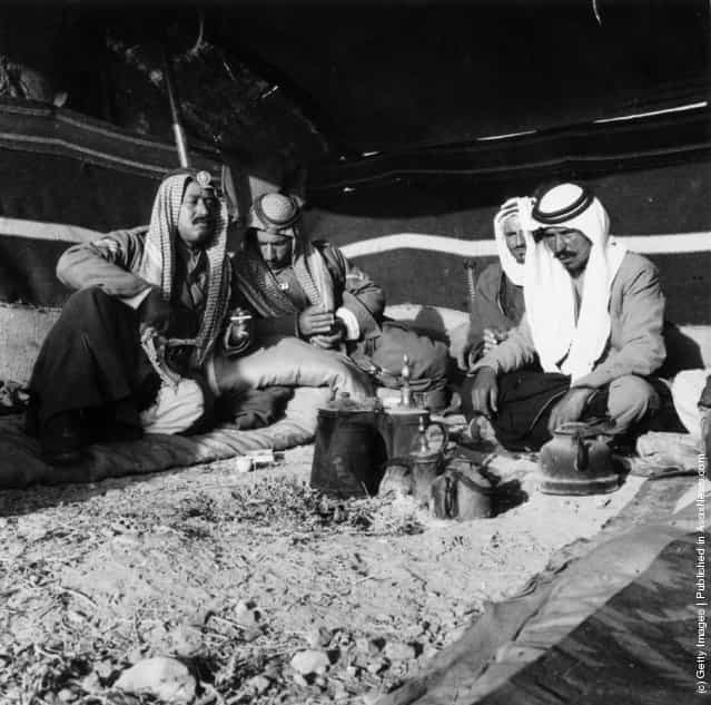 1955: Bedouins (Arab., Badawi, 'dwellers in the desert'), nomadic Arabs in the Jordan Desert at camp. Virtually all Bedouins are Muslims