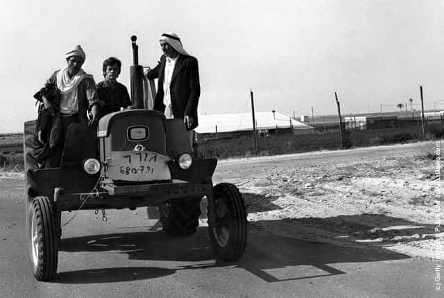 An Israeli settler farmer carries a couple of local Bedouin laborers on his tractor March 10, 1972 in the Israeli settlement of Moshav Sadot, in the Yamit area in the Sinai Desert