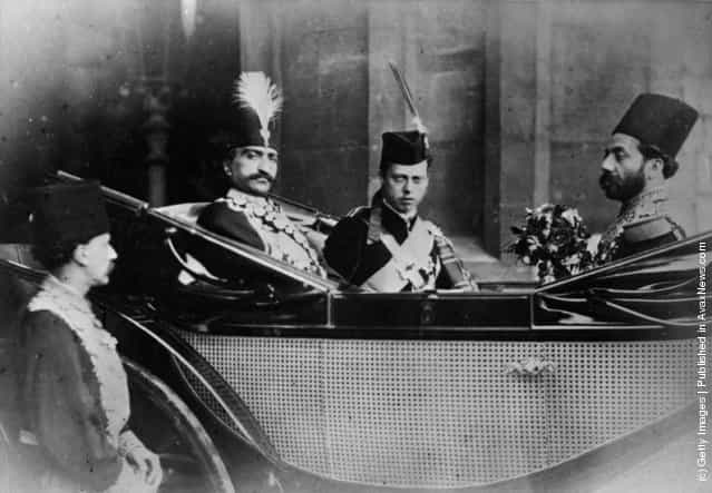 1880: Prince Leopold (1853 - 1884), Duke of Albany, youngest son of Queen Victoria, in a carriage with Nasser-Al-Din, the Shah of Persia