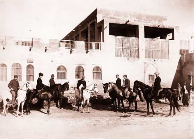 1894: British residents on horseback outside the British Post Office and Residency in the port of Bushire, Iran