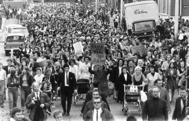 1970: Civil rights marchers in Belfast demonstrating against British policy in Northern Ireland