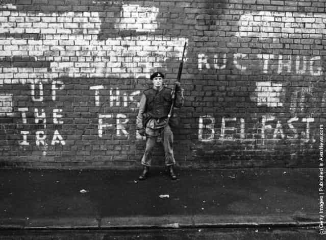 1971: An armed British soldier on patrol in Belfast