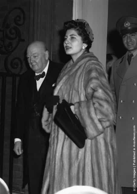 1954: The Shah of Iran and his wife Queen Soraya Esfandiari Bakhtiari with Sir Winston Churchill leaving No 10 Downing Street