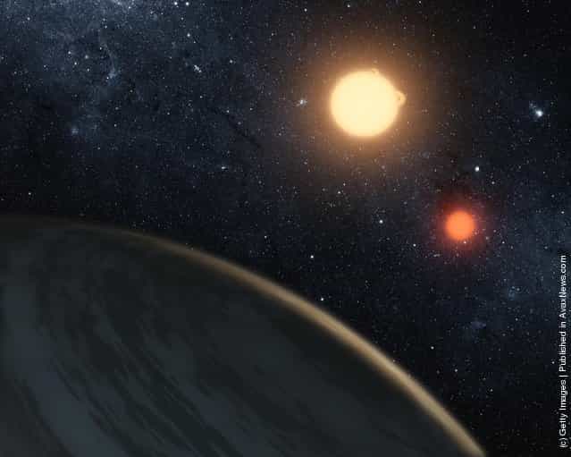 The newly-discovered gaseous planet Kepler-16b orbits its two stars