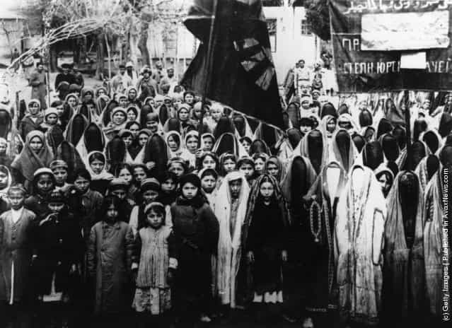 Kurdistani women at a demonstration in Iran, near the Russian frontier, demanding equal rights for women (1960). The women, some of whom have eschewed the veil, carry a banner written in both Arabic and Russian