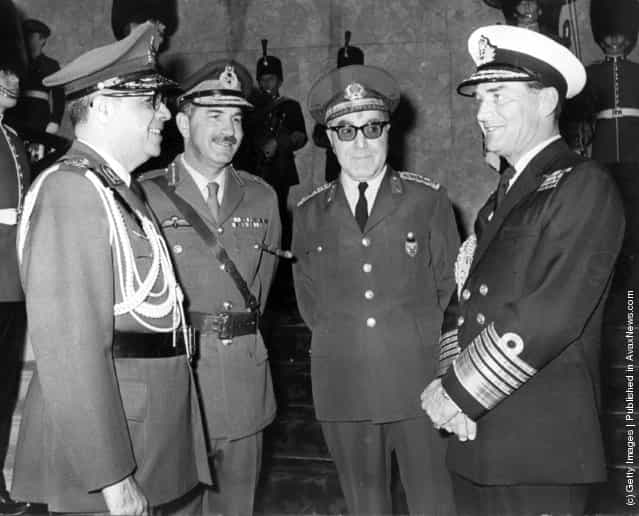1972: General Azhari, from Iran, General M Sharif, from Pakistan, General N Tagino, from Turkey, and Admiral Sir Peter Hill-Norton from the United Kingdom, in London for the 23rd meeting of the Cento Military Committee