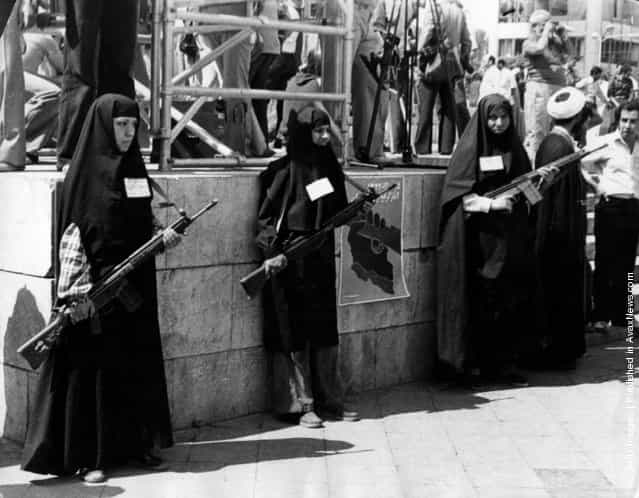 Armed women on guard and participating in Khordad in one of the main squares in Tehran at the beginning of the Iranian Revolution, 1979