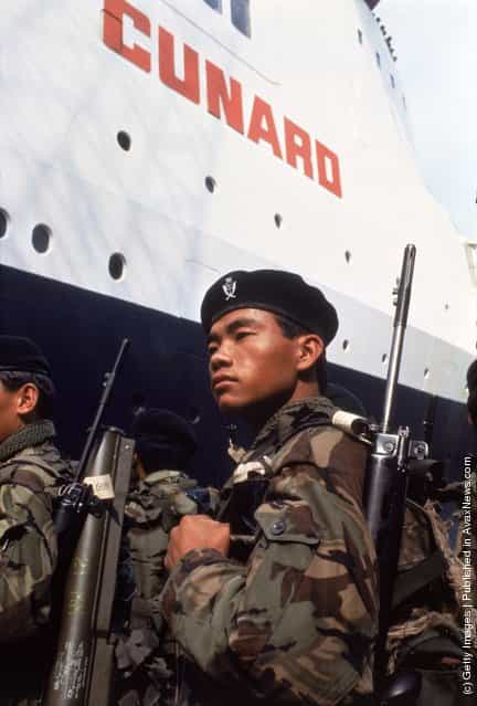 The Cunard liner QE2 carries British troops from Southampton during the Falklands War, 12th May 1982