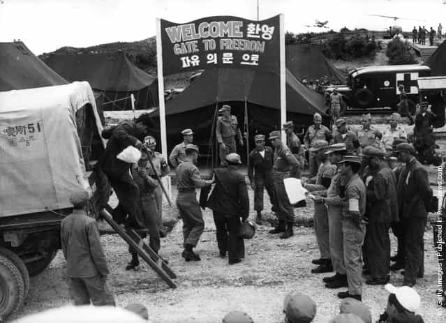 1953: An exchange of prisoners between the United Nations and the Communists at Panmunjom, Korea