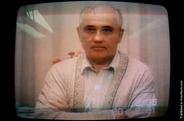 A picture shows Soviet President Mikhail Gorbachev speaking in a video message taped on August 19, 1991, the second day of his captivity. Gorbachev said there had been an unconstitutional coup and that he was completely well. Photo taken on August 25, 1991