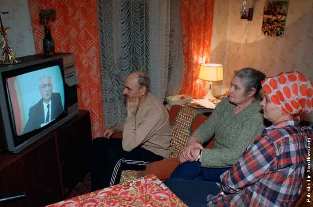 The Musichick family watches Soviet President Mikhail Gorbachevs resignation speech on Soviet television in their downtown Moscow apartment, on December 25, 1991. Gorbachev, whose reforms gave Soviet citizens freedom but ultimately led to the destruction of his nation resigned on as President of a Communist empire that no longer exists