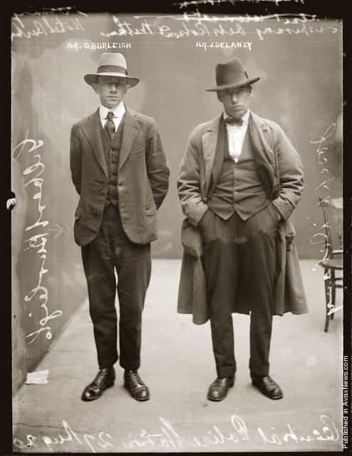 Mug shot of Gilbert Burleigh and Joseph Delaney, 27 August 1920, possibly Central Police Station, Sydney