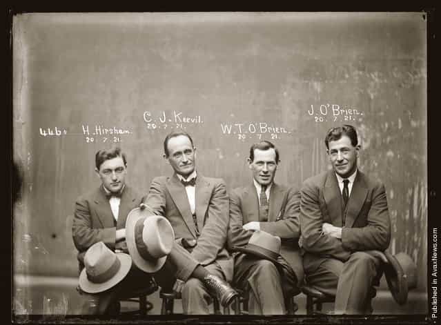 Mug shot of Hampton Hirscham, Cornellius Joseph Keevil, William Thomas OBrien and James OBrien, 20 July 1921, Central Police Station, Sydney