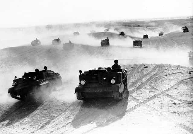 A squadron of Bren gun carriers, manned by the Australian Light Cavalry, rolls through the Egyptian desert in January of 1941. The troops performed maneuvers in preparation for the Allied campaign in North Africa