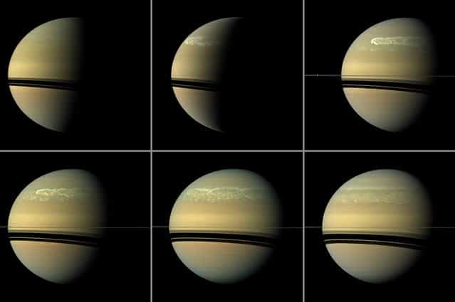 This series of images from NASAs Cassini spacecraft shows the development of the largest storm seen on the planet Saturn since 1990