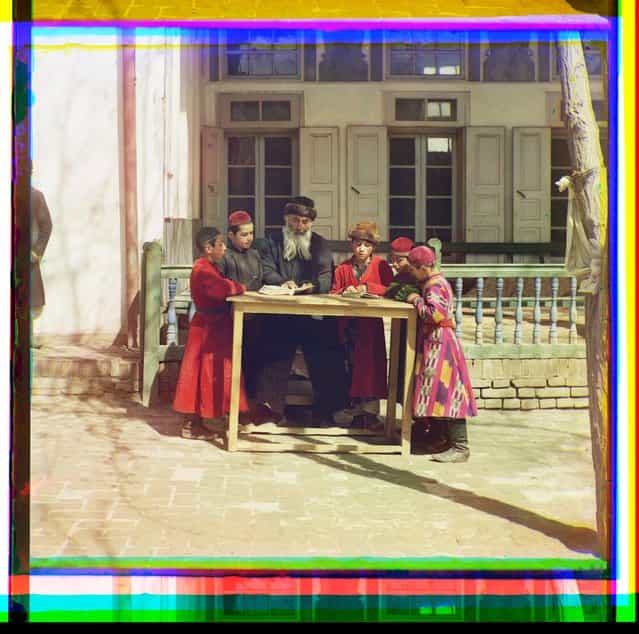 Photos by Sergey Prokudin-Gorsky. Group of Jewish children with a teacher. Samarkand. Russia, Samarkand region, 1911