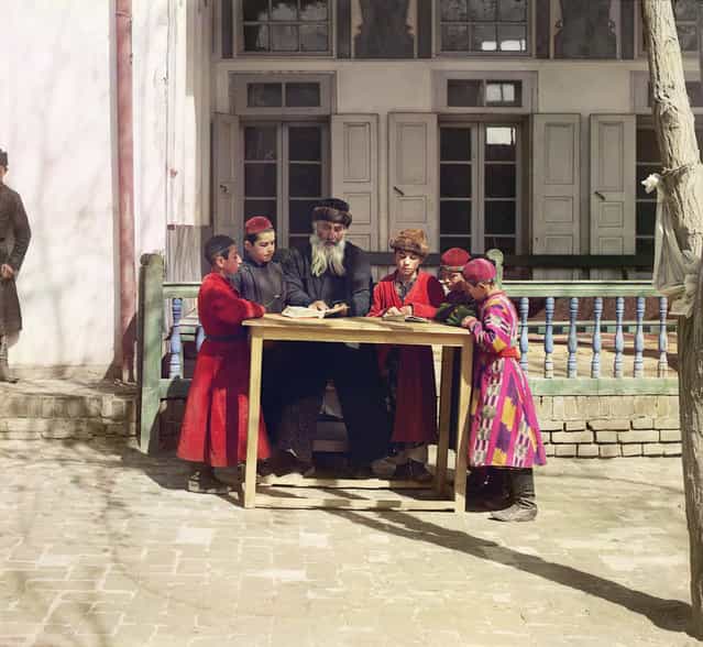 Photos by Sergey Prokudin-Gorsky. Group of Jewish children with a teacher. Samarkand. Russia, Samarkand region, 1911 (Restored)