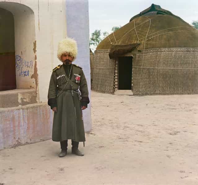 Photos by Sergey Prokudin-Gorsky. 'Dzhigit Ibragim'. Apparently, the picture depicted an employee of 1st Caucasian Potemkin Kuban Cossack regiment, stationed at the time of filming in the area of ​​Merv. Jigits called Cossacks, who had special trained for riding. Russia, Transcaspian Region, Merv uyezd (district), Bairam-Ali area, 1911
