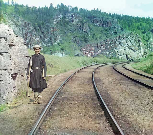 Photos by Sergey Prokudin-Gorsky. Bashkir switchman (near Ust-Katav station). Russia, Ufa Province, Zlatoust uyezd (district), Ust-Katavsky Zavod area, 1910