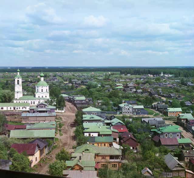 Photos by Sergey Prokudin-Gorsky. City of Rzhev. Prince Fedor's side (of the city) with the Holy Protectoress Mother of God Church. Russia, the Tver province, Rzhev, 1910