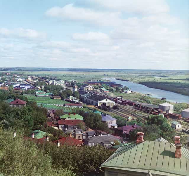 Photos by Sergey Prokudin-Gorsky. View of the railroad, city of Vladimir, Kliazma River, and water-meadows, 1911