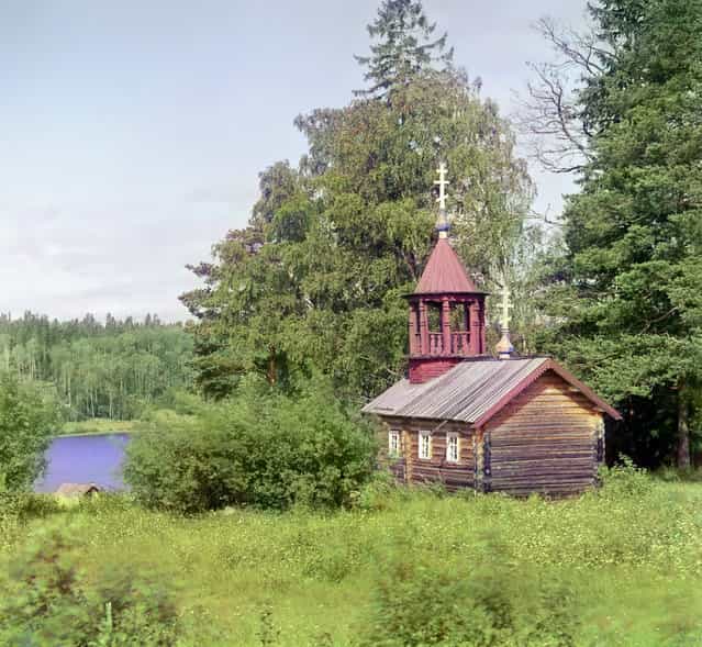 Photos by Sergey Prokudin-Gorsky. Chapel from the time of Peter the Great, near Kivach waterfall. Russia, Olonets province, Petrozavodsk uyezd (district), Kivach, 1916