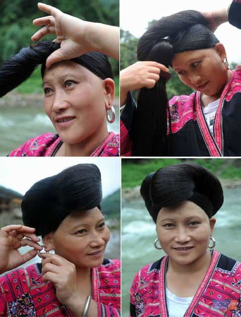 Combine photo taken on July 15, 2012 shows a woman combs her hair and dresses herself up at the Huangluo Village of the Yao ethnic group in Guilin, south China's Guangxi Zhuang Autonomous Region. (Photo by Lu Boan/Xinhua)