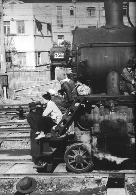 1949年3月，南下逃难者挤在一火车头上。 (In March 1949, the south fled crowded in a locomotive)
