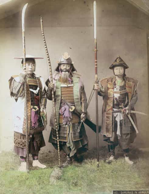 Three samurai warriors in armour, circa 1880. (Photo by Kusakabe Kimbei)