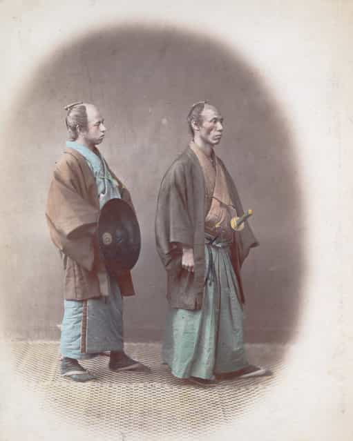 Japanese samurai, aristocratic warriors in the service of a lord, circa 1865. (Photo by Felice Beato)