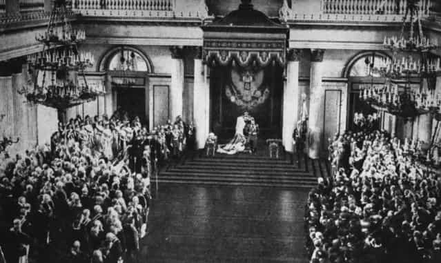 Tsar Nicholas II (1868–1918) opens the first Russian Duma (parliament) in the Winter Palace at St Petersburg, 1906.
