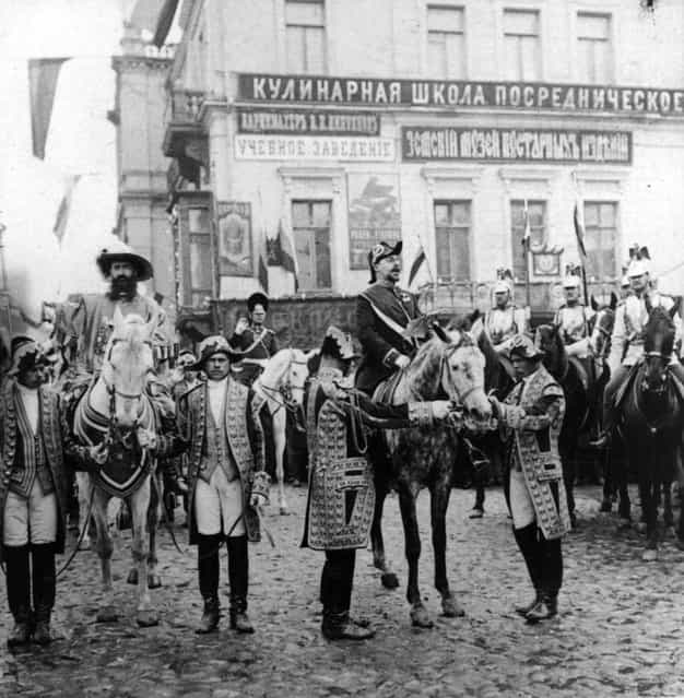 Heralds ride on horse-back through the streets of Moscow proclaiming the forthcoming coronation of Tsar Nicholas II, 1896.
