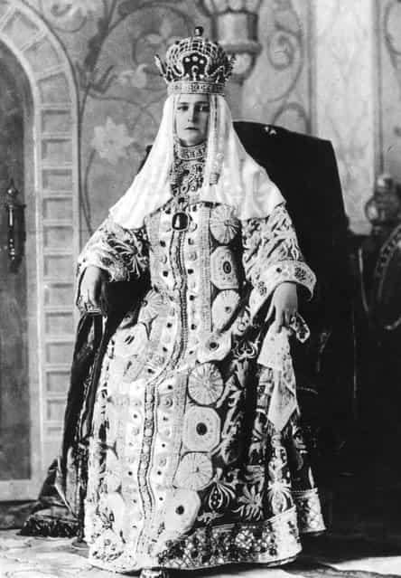 Alexandra, Tsarina of Russia in her coronation dress. Formerly Alix of Hesse-Darmstadt, she married Nicholas of Russia in the same year that he became Tsar Nicholas II, 1894.