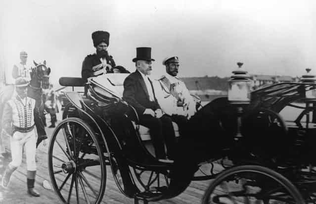 French President Raymond Nicholas Poincare (1860–1934) with Tsar Nicholas II of Russia (1868–1918), during a state visit to Russia, July 24, 1914.