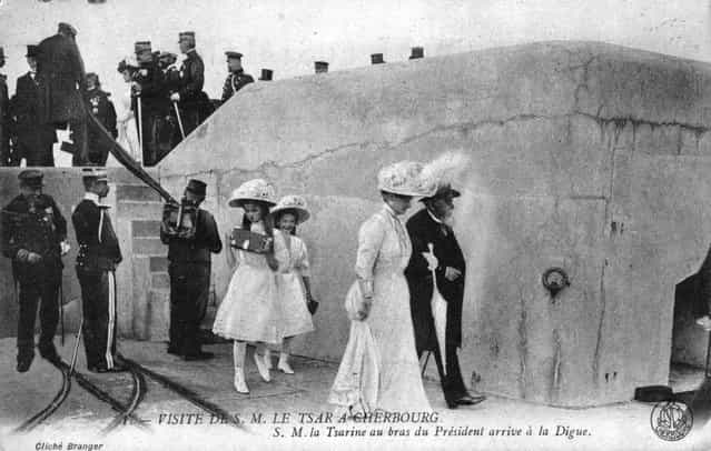 Tsar Nicholas II of Russia and his family in Cherbourg during a state visit to France, circa 1909. The Tsarina is on the arm of the French president Fallieres.