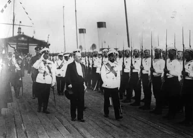 French president Raymond Poincare (1860–1934) inspecting a Russian Naval guard of honour with Tsar Nicholas II (1868–1918) during his official visit to Russia, July 1914.