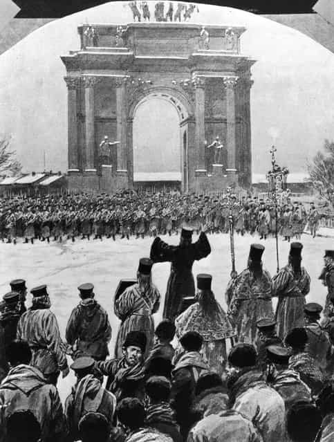 Father Gapon and his followers are suddenly faced by troops outside the Winter Palace in St Petersburg, during the Revolution of 1905 on [Bloody Sunday], 22nd January 1905. Gapon was leading a procession of workers to lay its demands before Tsar Nicholas II. In the ensuing massacre 70 were killed and 200 wounded.