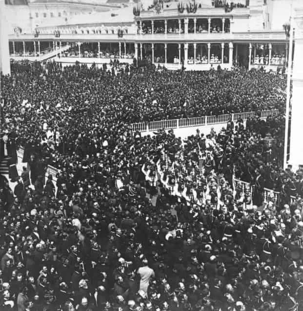 Throngs of people outside the Kremlin in Moscow for the coronation of Tsar Nicholas II, May 1896.