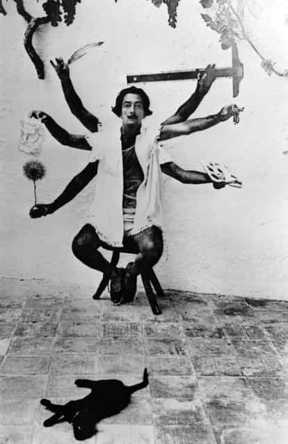 Spanish artist Salvador Dali, (1904–1989), one of the principal figures of the Surrealist Movement, in a multiple exposure pose at his home in Cadaques on the Spanish Costa Brava, 1955. (Photo by Charles Hewitt)