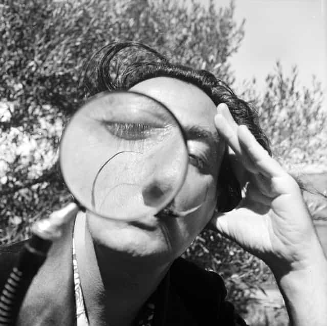 Spanish surrealist artist Salvador Dali (1904–1989) viewing the camera through a magnifying glass at his home in Cadaques on the Spanish Costa Brava, 1955. (Photo by Charles Hewitt)