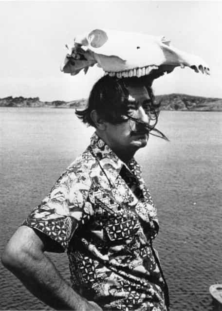 Spanish surrealist artist Salvador Dali (1904–1989) wearing an animal skull as a hat, 1950. (Photo by Hulton Archive)