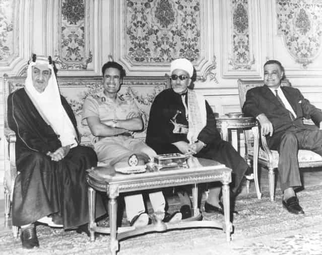 Middle-Eastern leaders in Cairo for talks on the situation in Jordan, September 1970. Left to right: King Faisal of Saudi Arabia (1904–1975), President Muammar al-Gaddafi of Libya (1942–2011), President Abdul Rahman Iryani (1910–1998) of the Yemen Arab Republic and President Gamal Abdel Nasser (1918–1970) of Egypt. (Photo by Keystone)