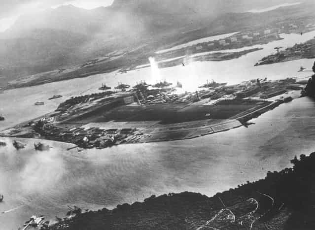 Ford Island is seen in this aeriel view during the Japanese attack on Pearl harbor December 7, 1941 in Hawaii. The photo was taken from a Japanese plane. December 7, 2001 marks the 60th anniversary of the Japanese attack on Pearl Harbor. (Photo by Getty Images)