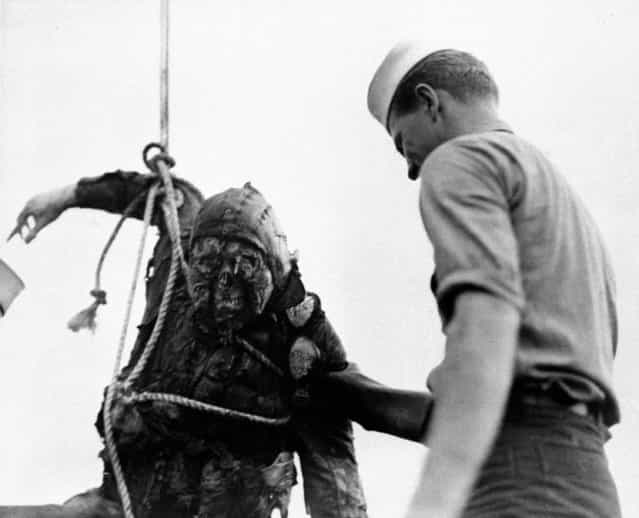 An American Seaman looks at the charred corpse of a Japanese flier brought up from the bottom of Pearl Harbor, where he crashed with his burning plane during the attack. (Photo by Associated Press)
