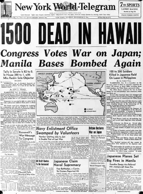 8th December 1941: The front page of the 'New York World Telegram', with the headline, '1500 dead in Hawaii', referring to the Japanese air attack at Pearl Harbour (Pearl Harbor) on the Hawaiian island of Oahu. (Photo by Express/Express/Getty Images)