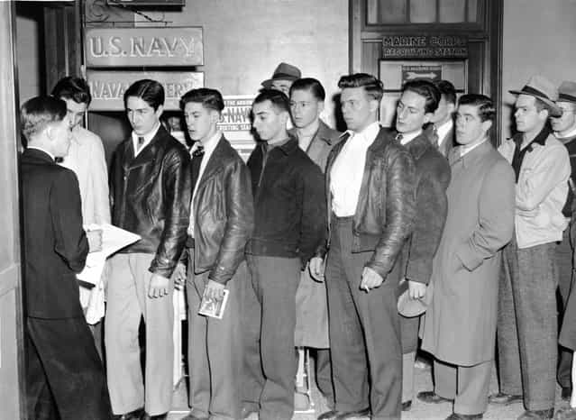 Shortly after the Japanese attack in Hawaii's Pearl Harbor, young men line up to volunteer at a Navy Recruiting station, Boston, Massachusetts, December 8, 1941. (Photo by Hulton Archive/Getty Images)