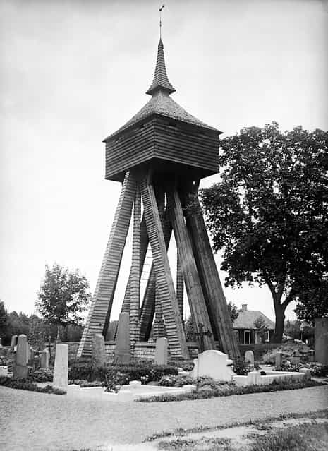 Bell tower of Moheda Church, Småland, Sweden, 1934. The wooden bell tower was built in 1665. (Photo by Einar Erici)